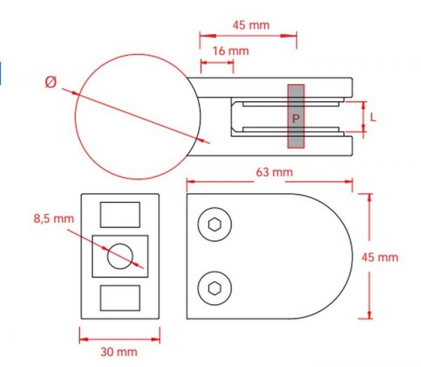 Pince verre inox 63 x 45 mm pour tube