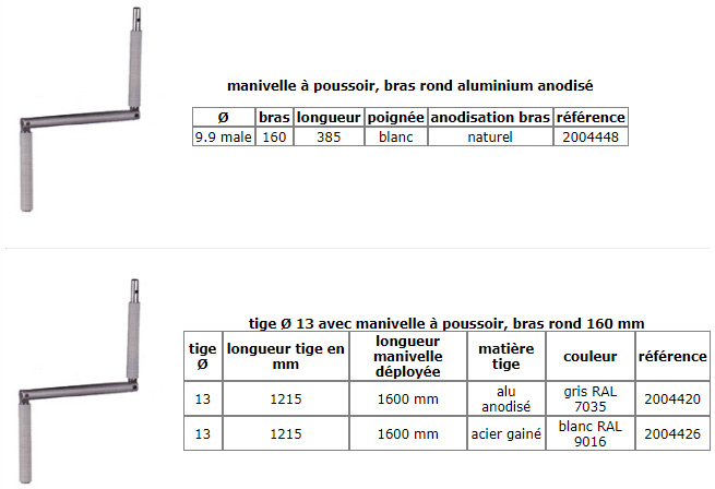 manivelle à poussoir, bras rond aluminium anodisé